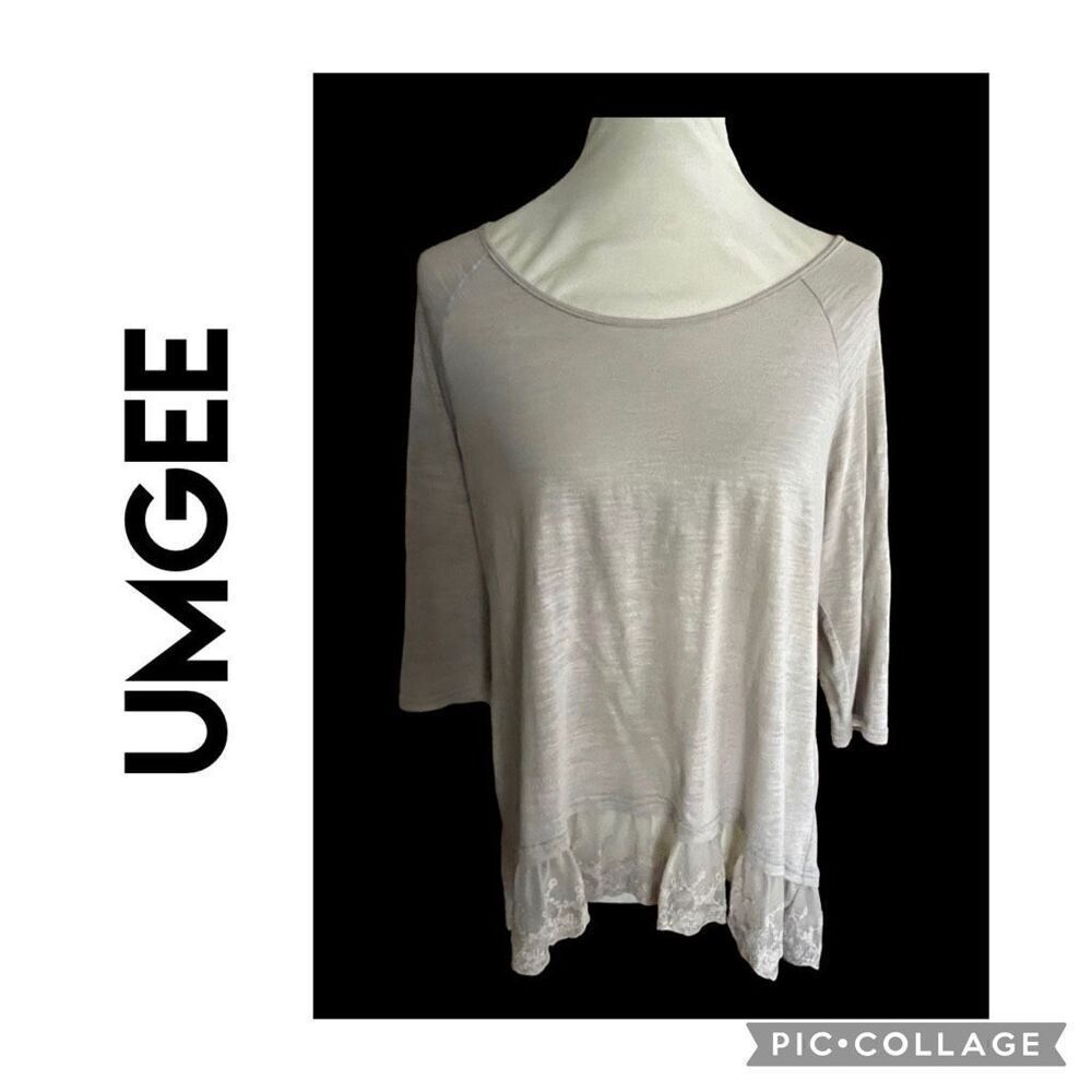 Umgee Light Gray Scoop Neck 3/4in Sleeve Partial Lace Bottom High/Low  Blouse Si